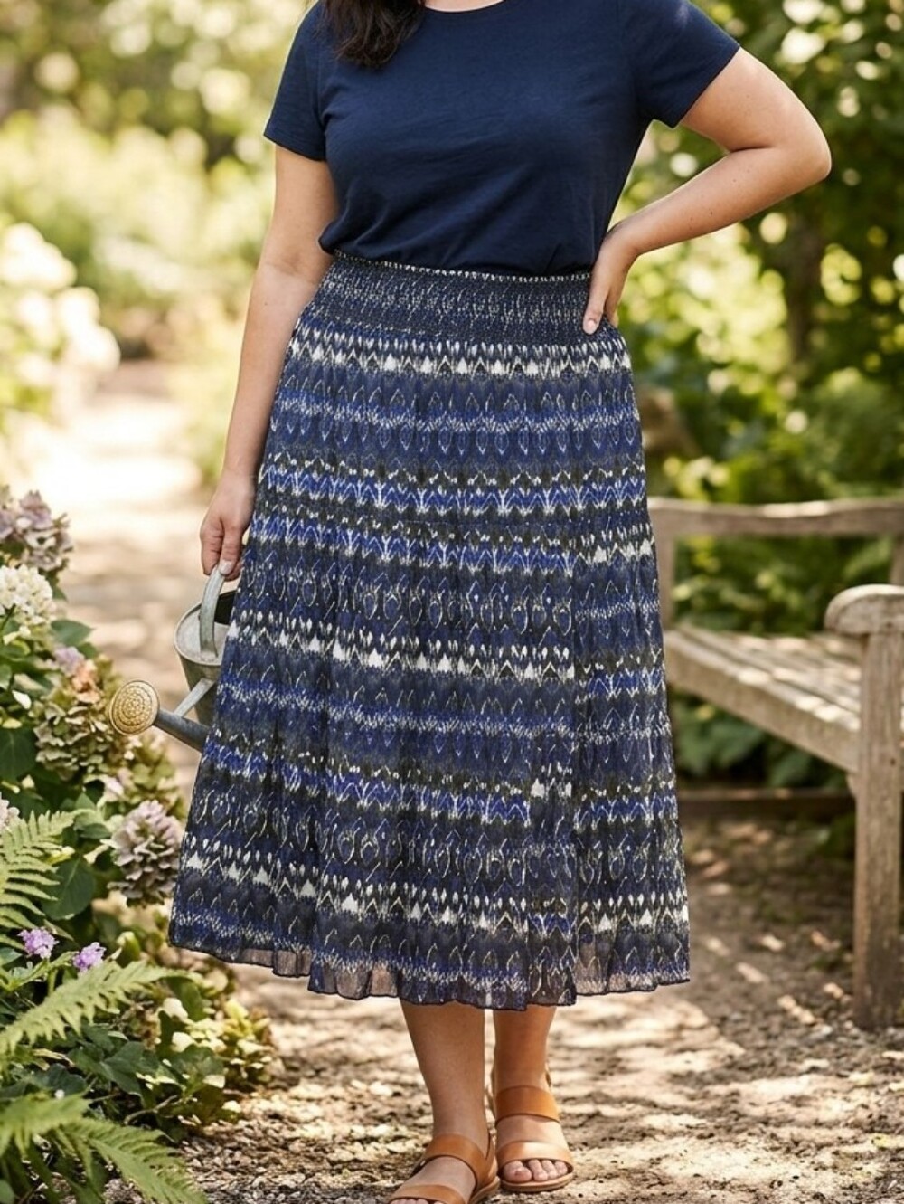 Jessica Blue White Boho Maxi Skirt Size 1X Smocked Waist 100% Cotton
